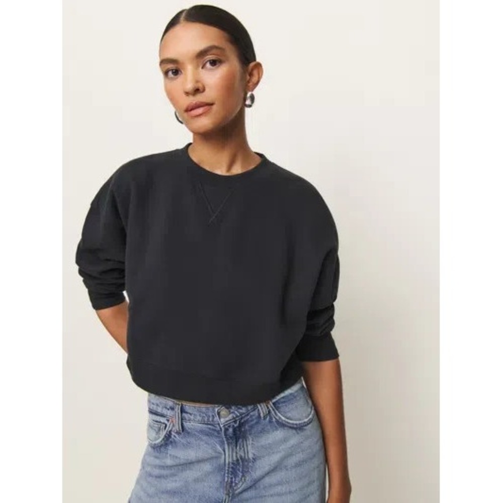 Reformation Grace Cropped Vintage Oversized Crewneck Sweatshirt In Black Sz M